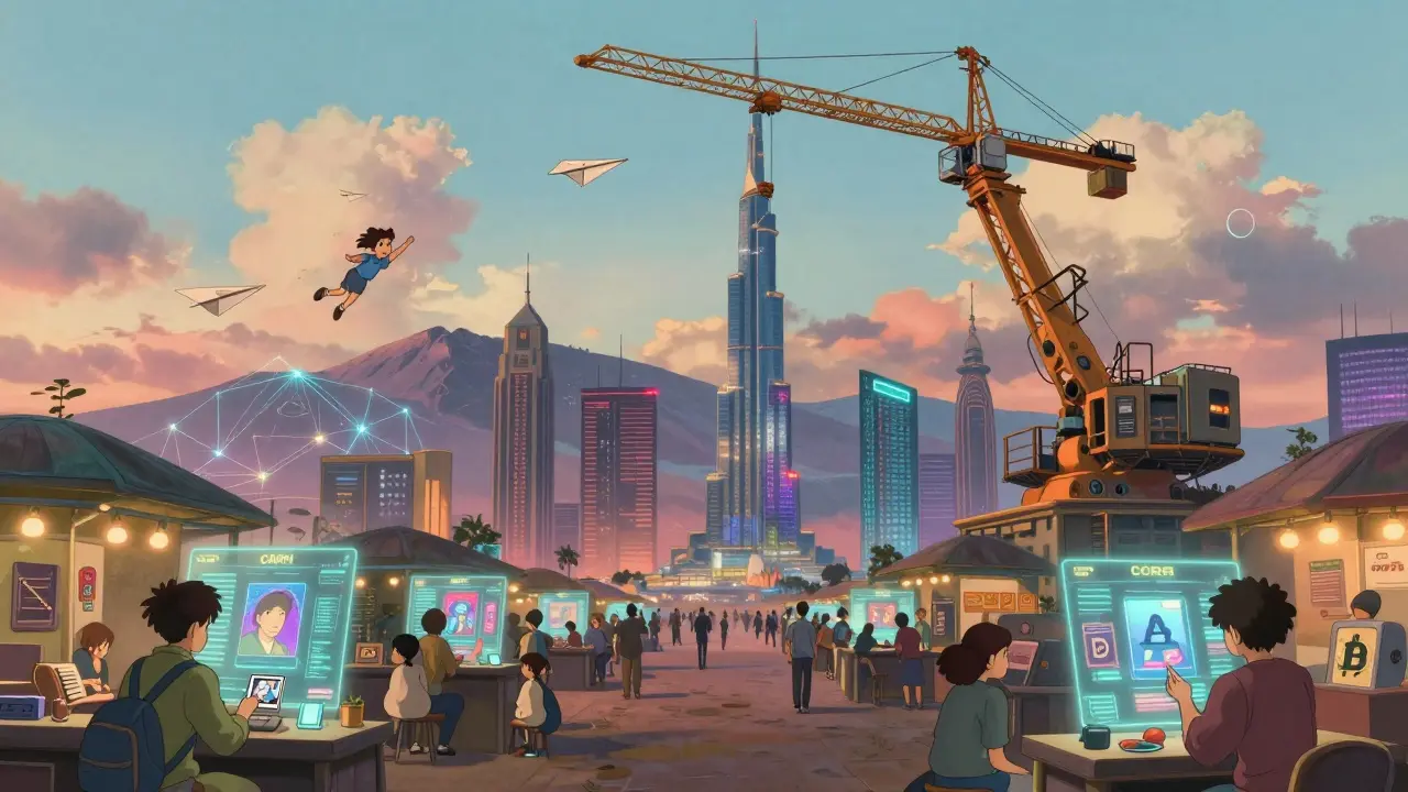 Vibrant crypto marketplace with holographic trades and a tokenized skyscraper being lifted into the sky.