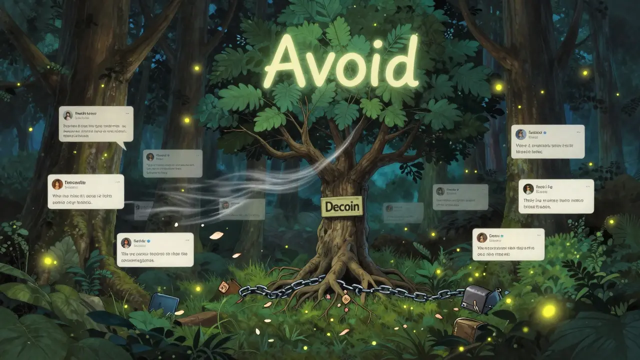 A barren tree labeled 'Decoin' stands alone in a vibrant crypto community forest, its last token petal falling away.