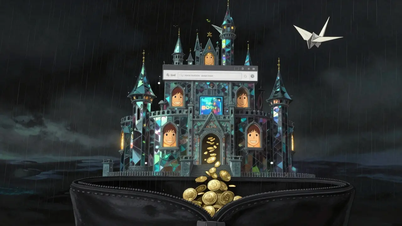 A beautiful hollow castle made of ads and AI faces drains crypto coins into a black void beneath.