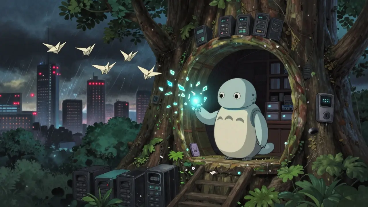 A cat-like robot tends to encrypted data shards in a treehouse server room, while storms rage over distant corporate towers.