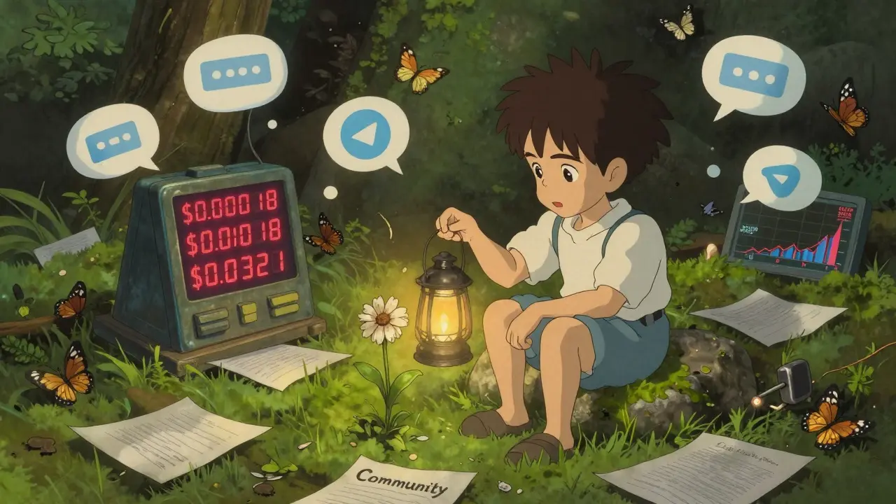 A child beside a flickering price ticker, surrounded by fading community symbols in Studio Ghibli style.