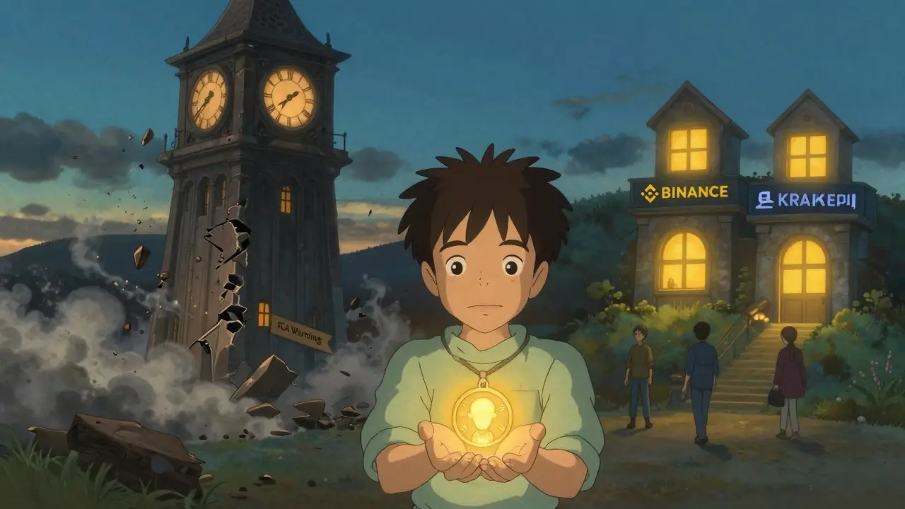A child holds a fading token as a warning clock collapses, while safe exchanges glow in the distance.