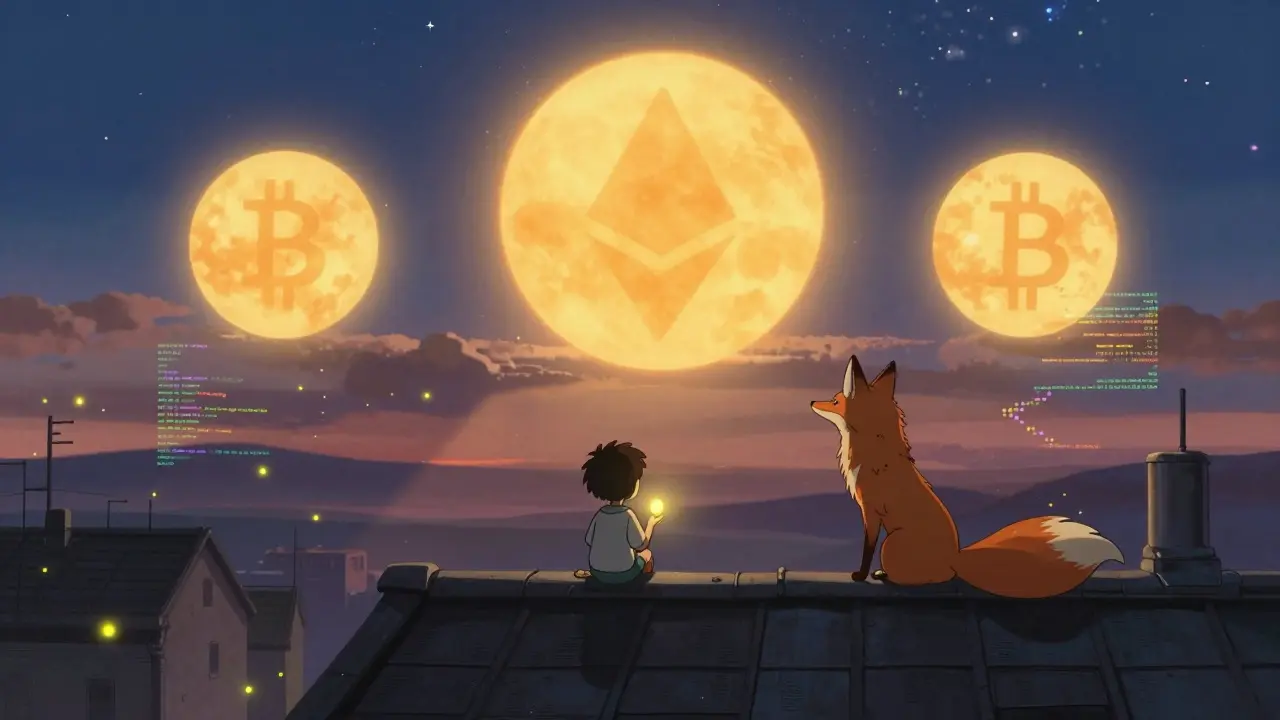 A child on a rooftop with a dim coin, watched by a code fox, as giant Bitcoin and Ethereum orbs rise like suns in a twilight sky.