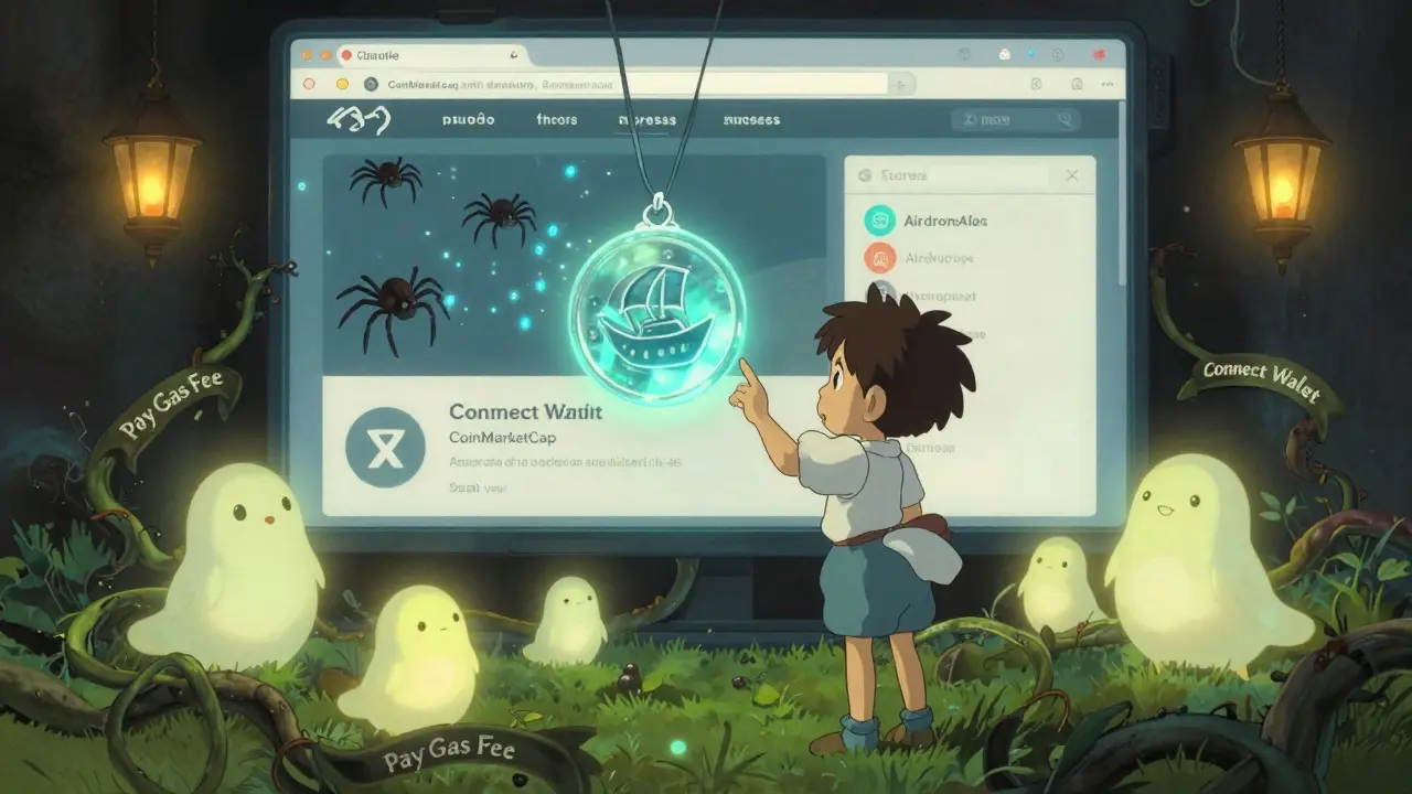 A child reaches for a token that turns into digital spiders, while real airdrop spirits glow safely nearby.