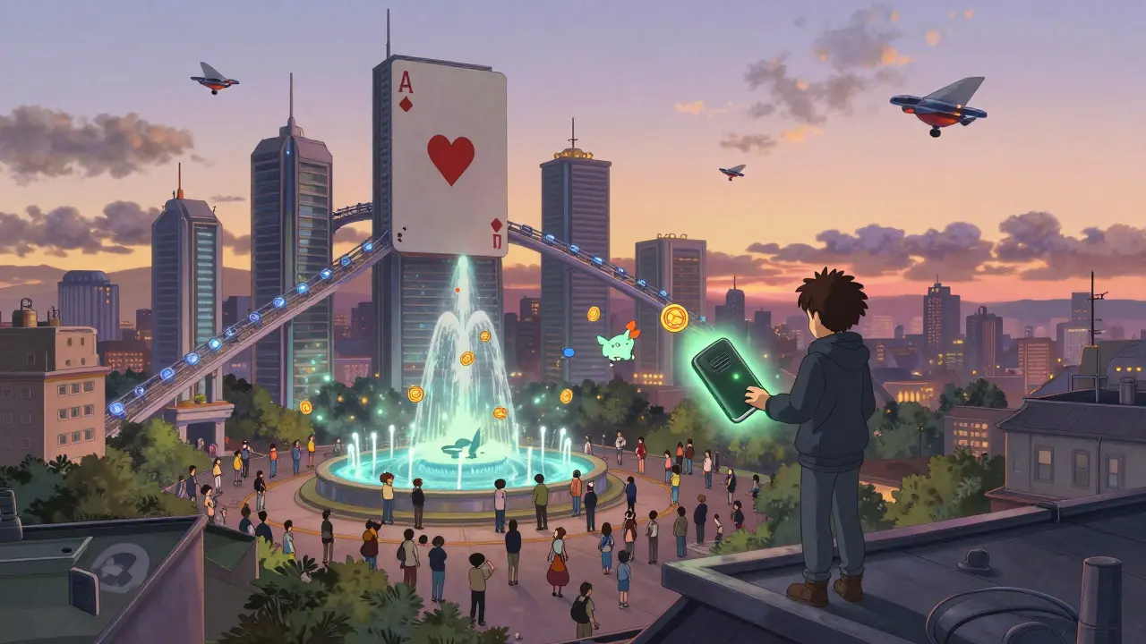 A crowd watches LOCG tokens rain from a futuristic fountain as a figure receives them via a glowing Ledger wallet.