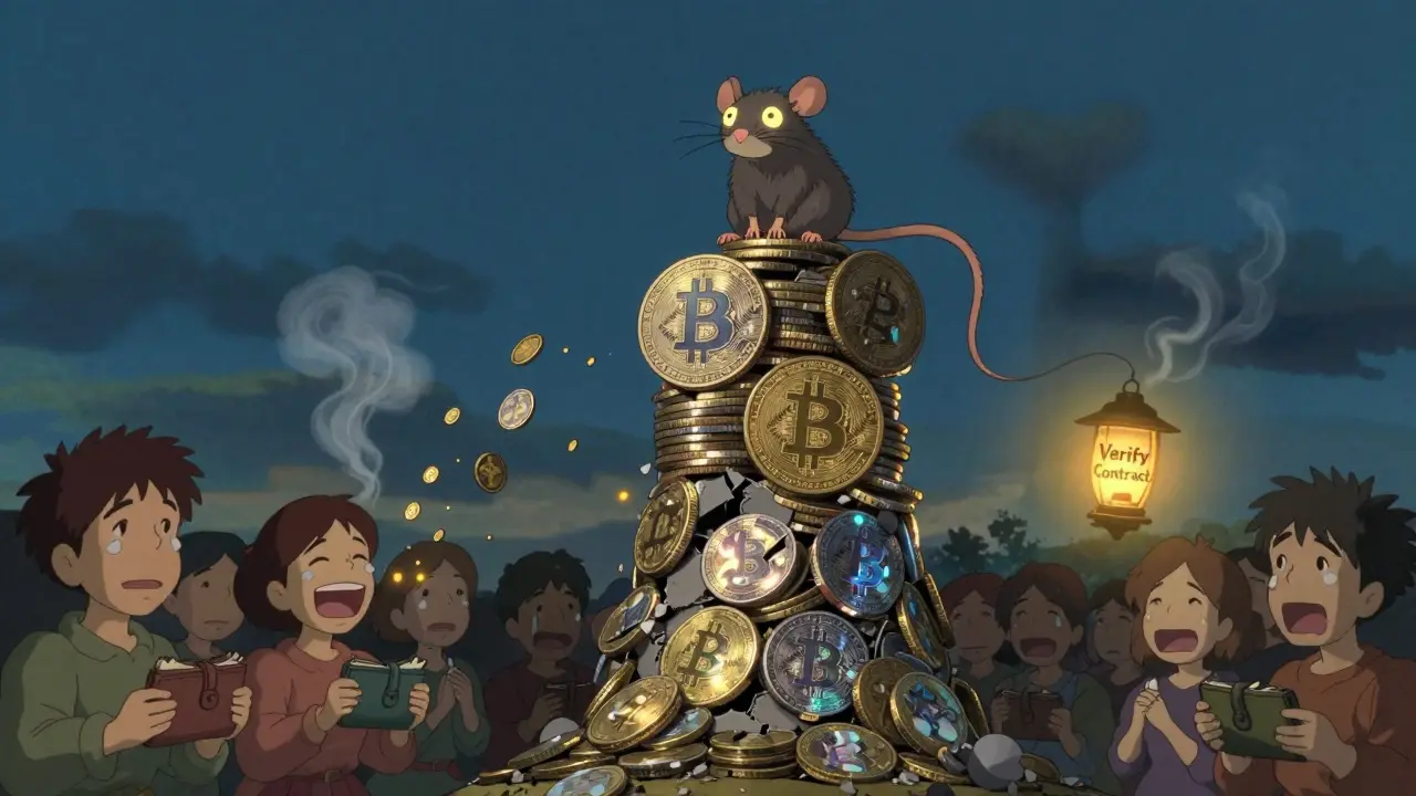 A curious rat sits on a crumbling coin tower, while villagers watch tokens vanish into smoke, a single lantern labeled 'Verify Contract' glows nearby.