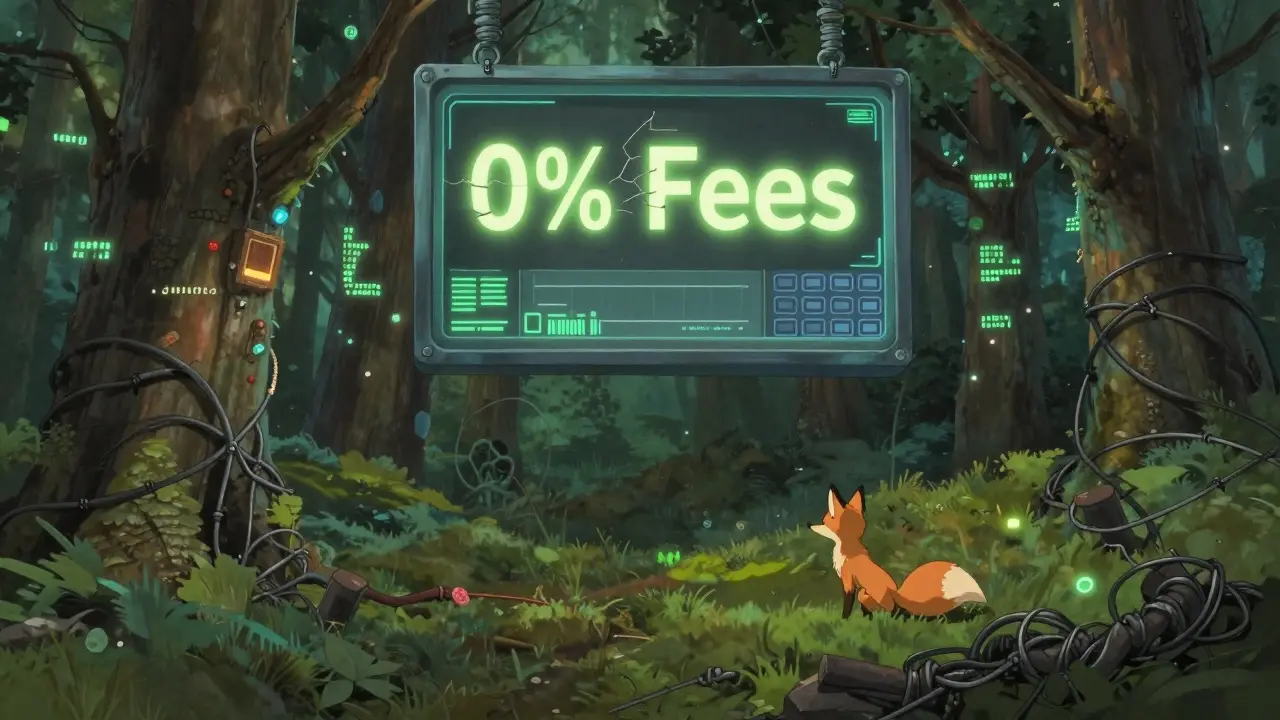 A digital forest with broken exchange interfaces and a fading '0% Fees' sign, watched by a fox.