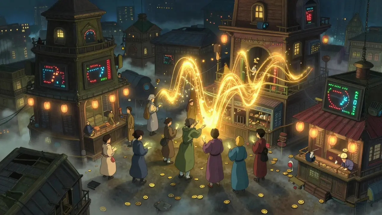 A digital marketplace with glowing exchange towers and traders exchanging vibrant coins, while dull tokens fade in shadowed alleys.