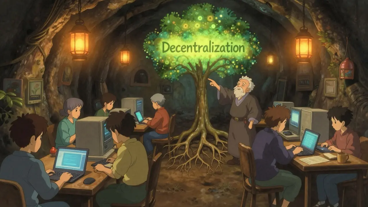 A diverse community mining together in a warm underground hub, illuminated by lanterns and a symbolic decentralization tree.