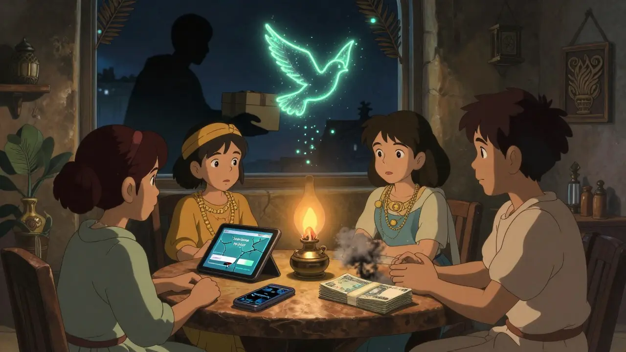 A family at night with a tablet showing a crypto wallet, Egyptian money turning to ash, and a hidden delivery outside.