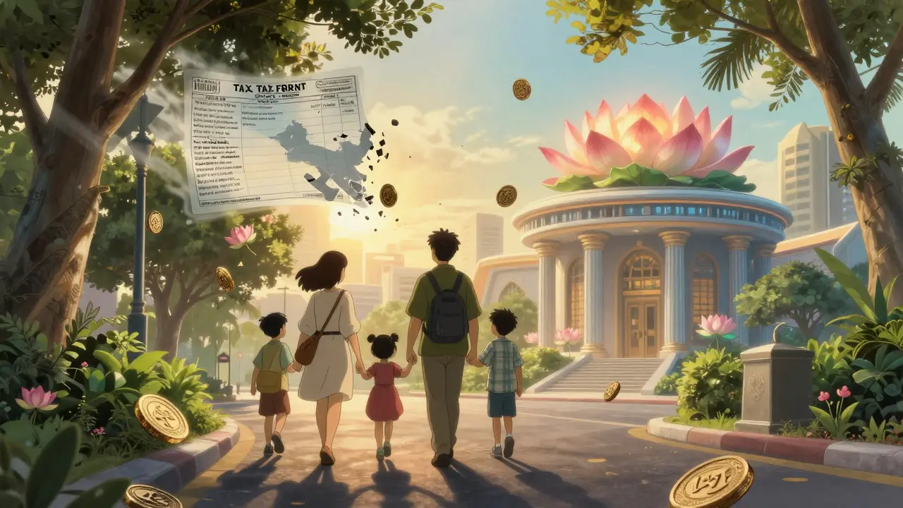 A family walks through a sunny Dubai street as lotus-shaped crypto coins float around them, with a fading Indian tax form dissolving behind.