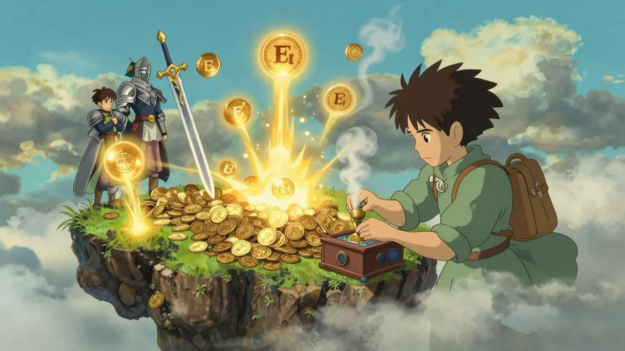 A floating game world with mixed fungible and non-fungible tokens being minted by a young inventor in soft anime light.