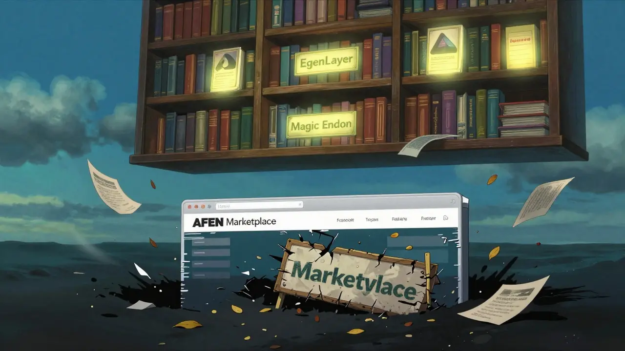 A floating library with real crypto projects above, while a fake AFEN website sinks into a black void.
