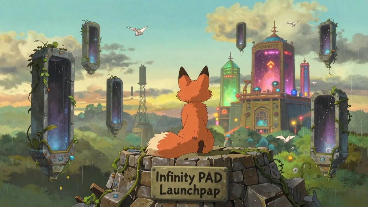 A fox-like spirit sits on a crumbling launchpad platform while other launchpads glow in the distance.