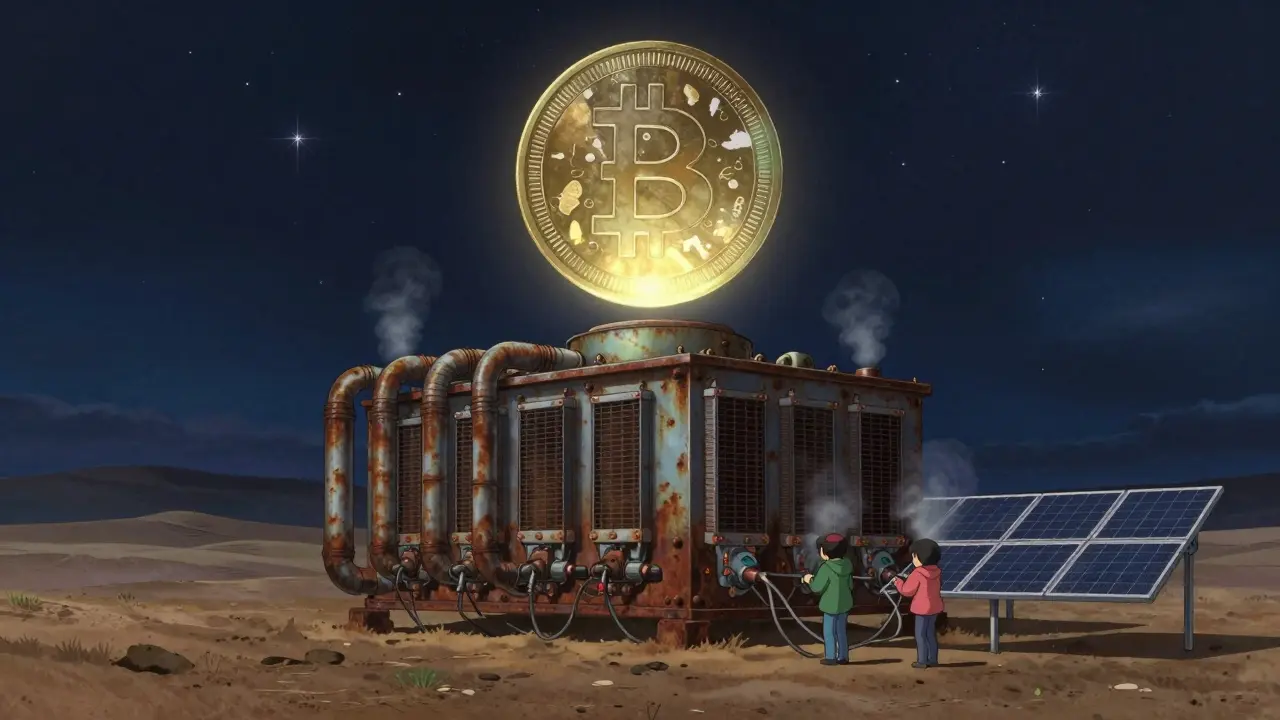 A giant mining rig hums under desert stars, children refueling it as a digital rial coin floats like a lantern.