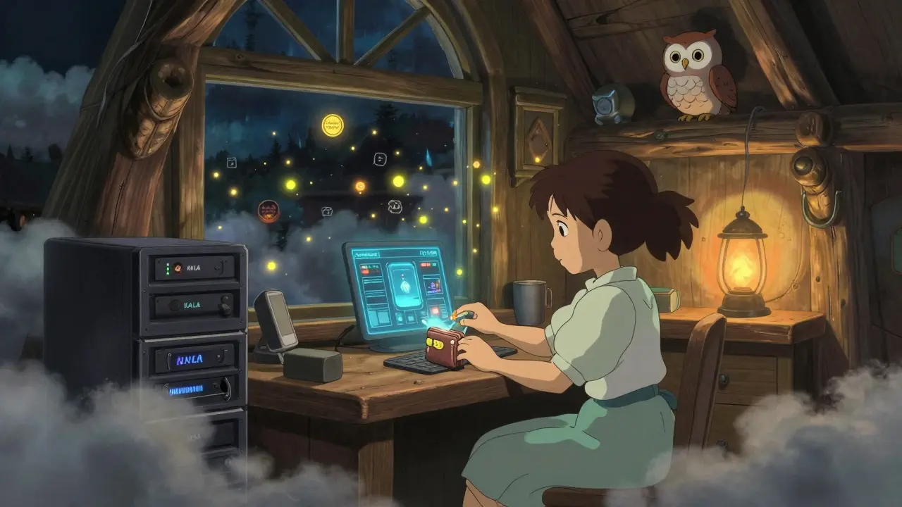 A girl in a wooden cabin connects a wallet to a holographic CoinMarketCap interface as KALA tokens float like fireflies.