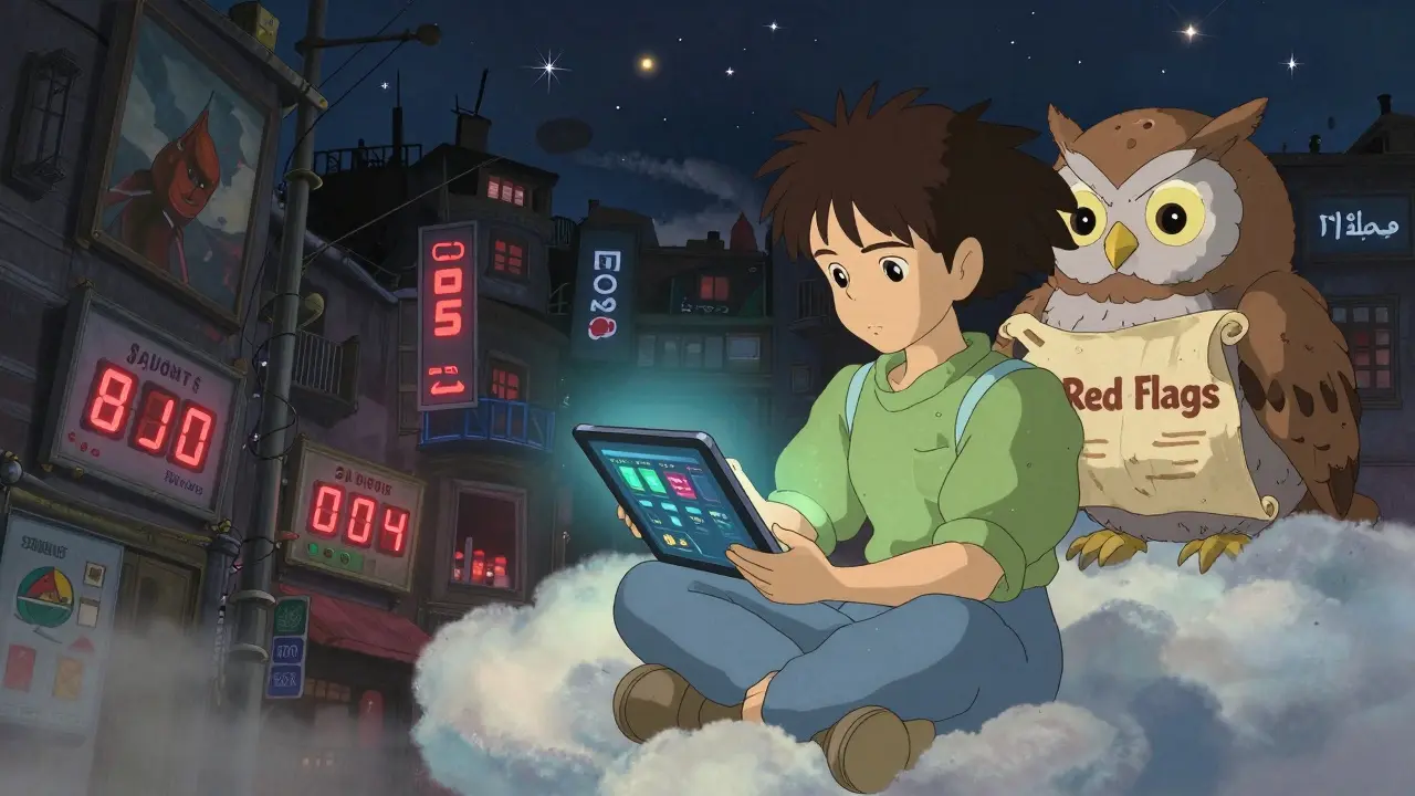 A girl on a cloud checking verified airdrop dashboards as a spirit owl holds a red flags scroll.