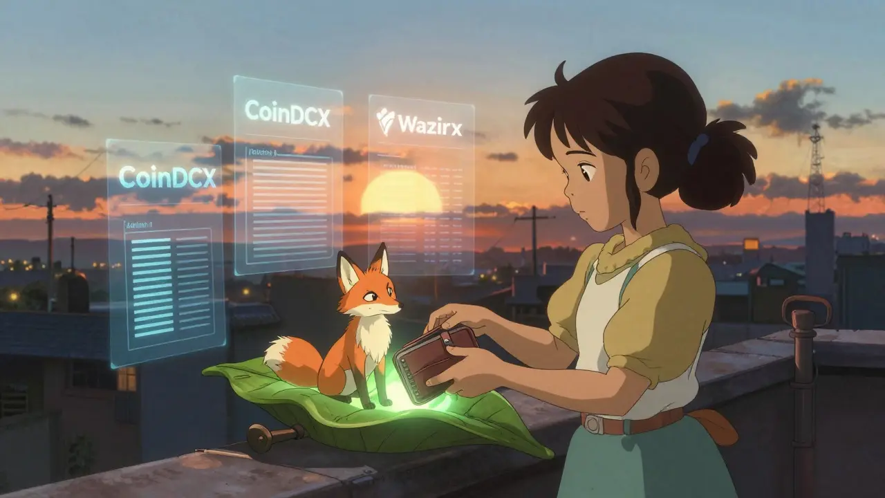 A girl places her wallet in a leaf-shaped vault as guardian fox spirits watch, with exchange logos fading into sunrise.