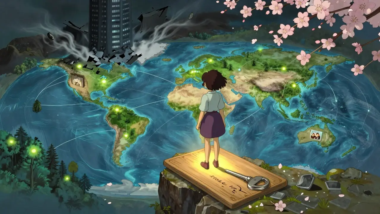 A girl stands on a cliff as decentralized data streams flow across a world map, while a corporate tower crumbles behind her.