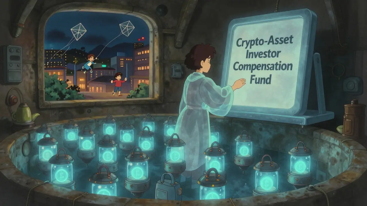 A glowing vault of cold wallets pulses softly beneath a city, watched over by a serene SEC guardian under a sky of hopeful kites.