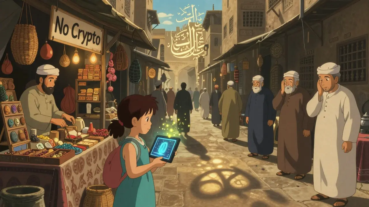 A market stall bans crypto as a girl holds a flickering digital tablet amid glowing calligraphy.