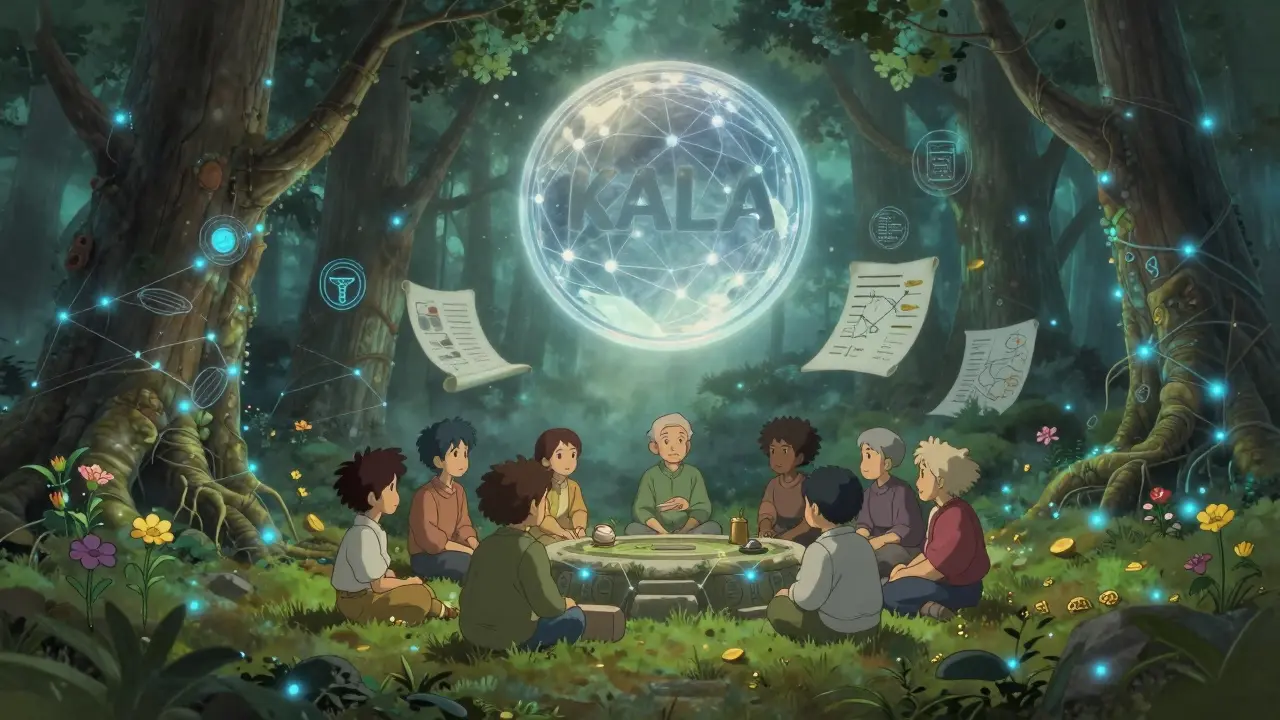 A misty digital forest with smart contract trees and figures gathered around a glowing KALA token altar.