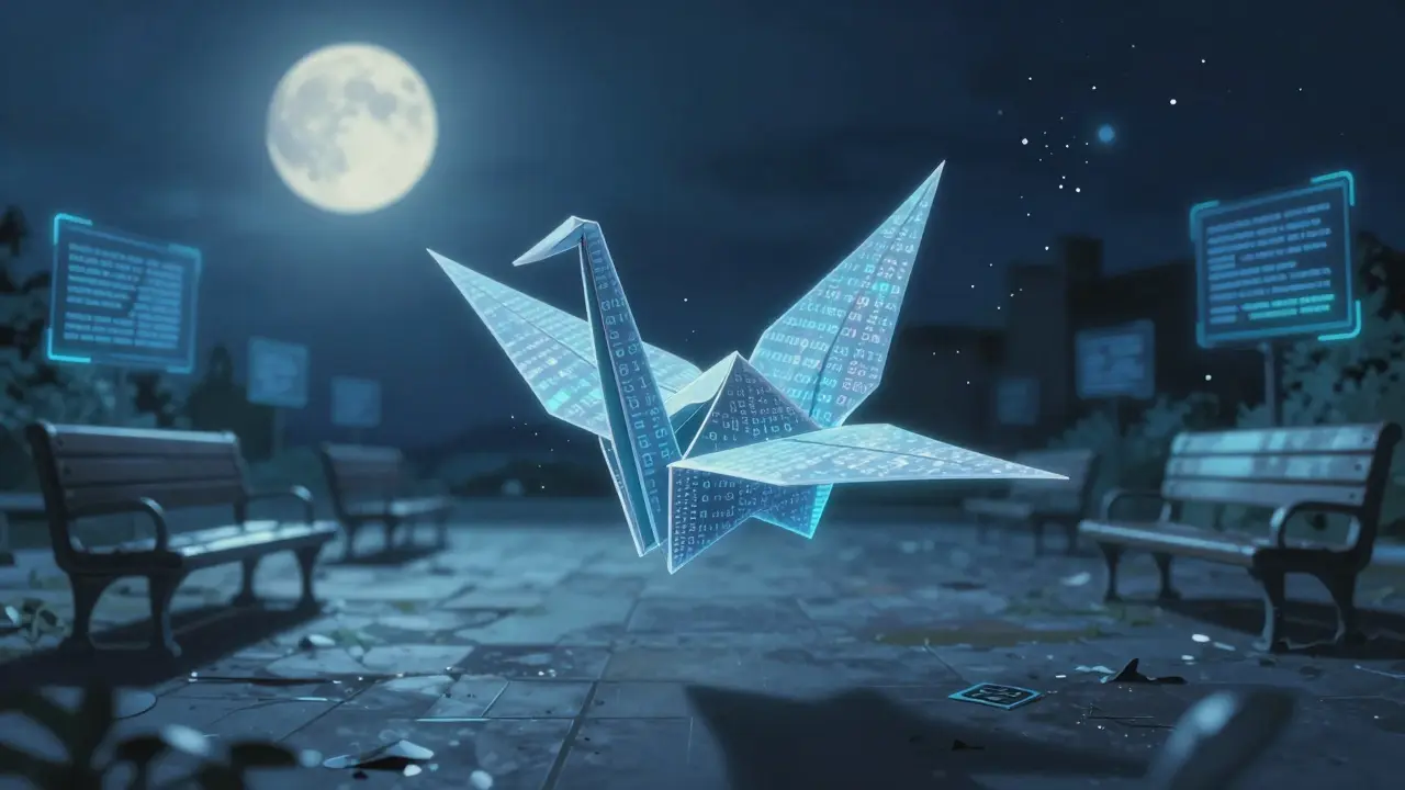 A paper crane made of blockchain code drifts through an empty digital plaza under moonlight.