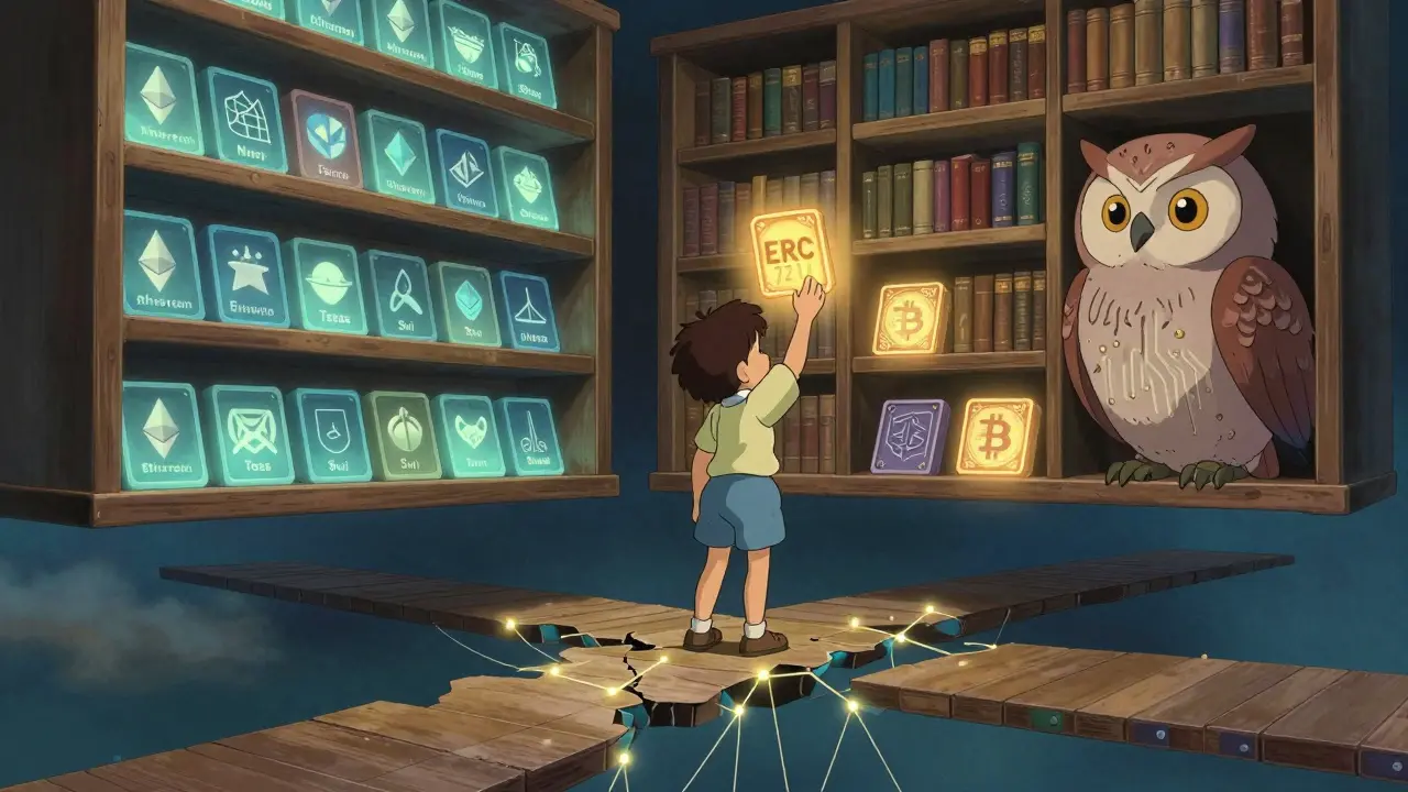 A sky library of NFT standards from different blockchains, being connected by threads of light under an observing owl.