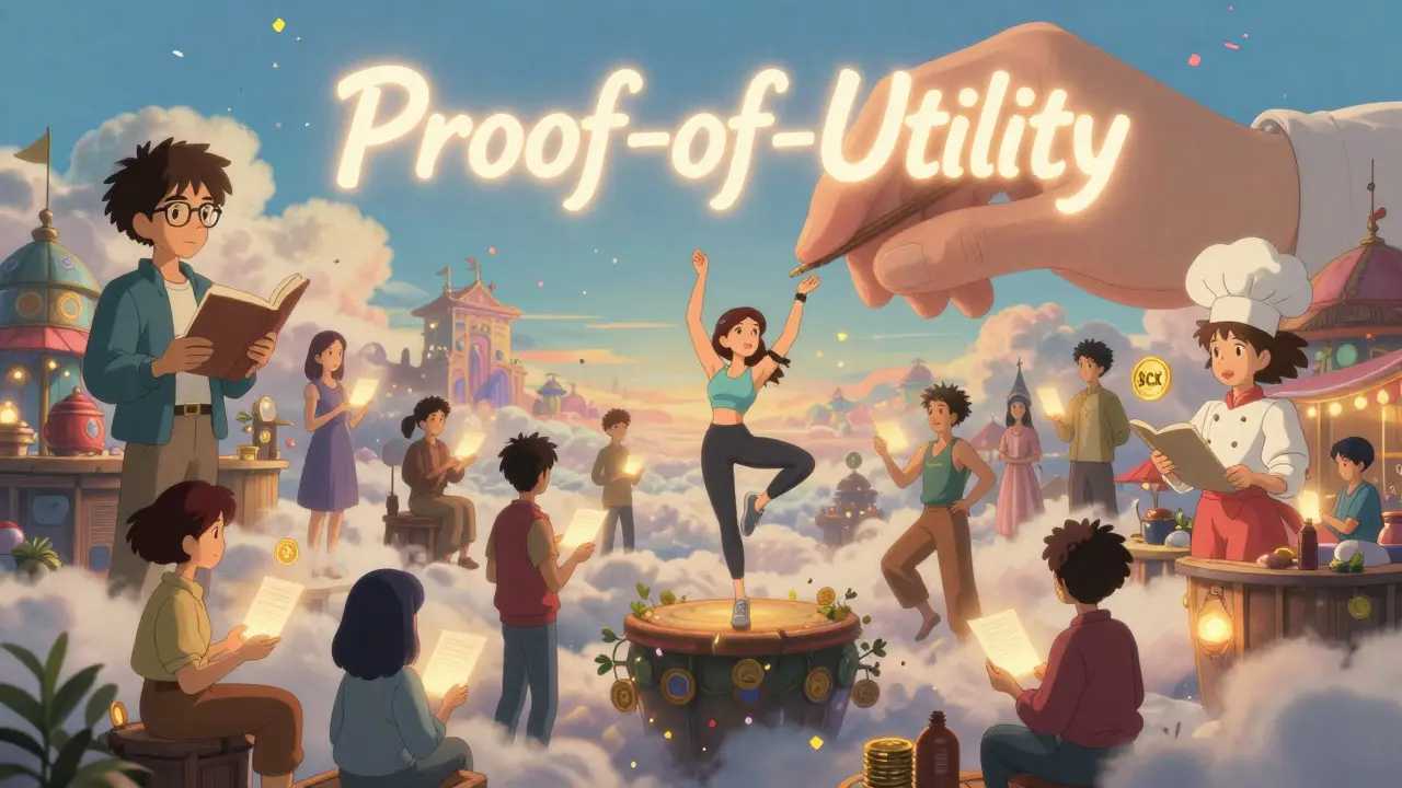 A sky marketplace filled with diverse AI personas receiving glowing contracts from human avatars.