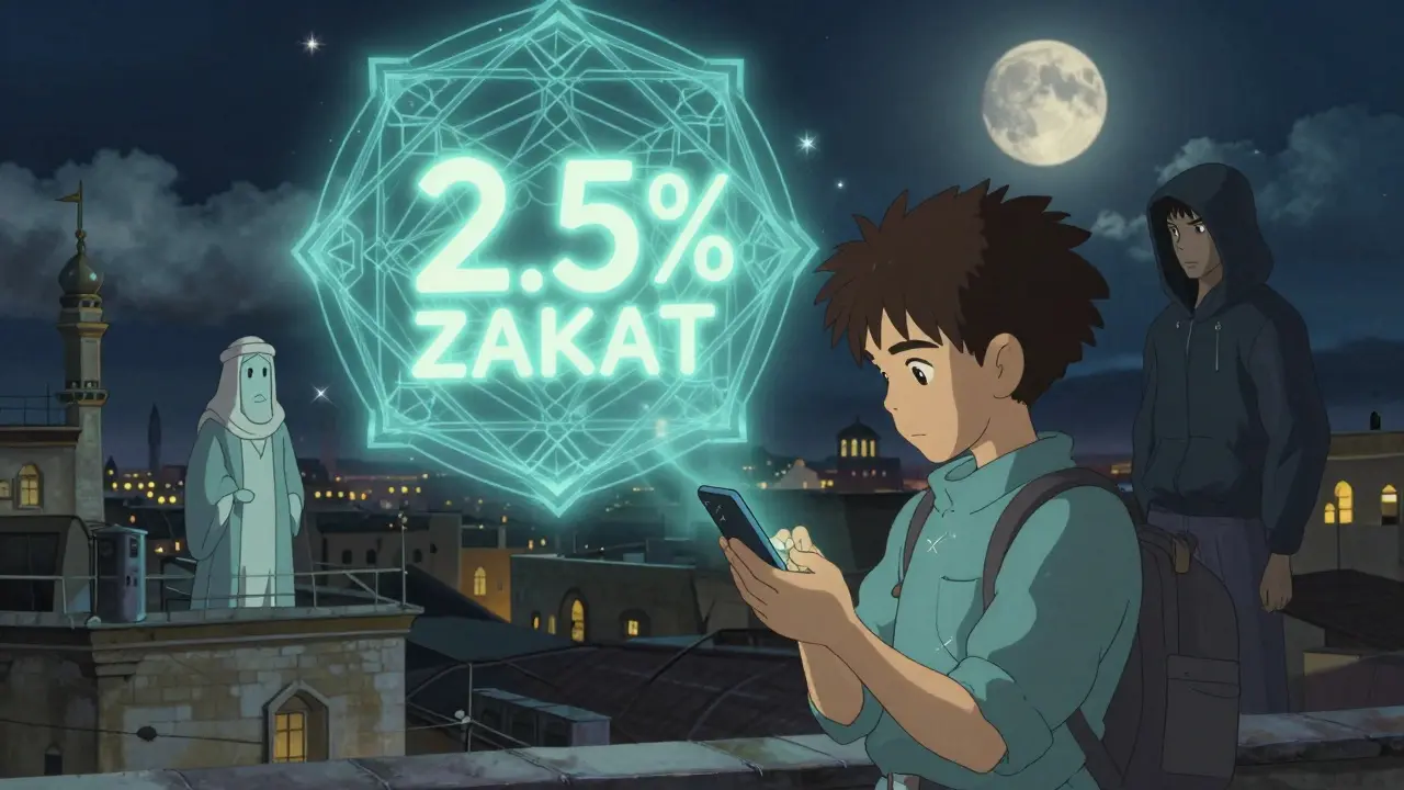 A teen trades crypto at night as zakat symbols float above, watched by two spiritual figures.