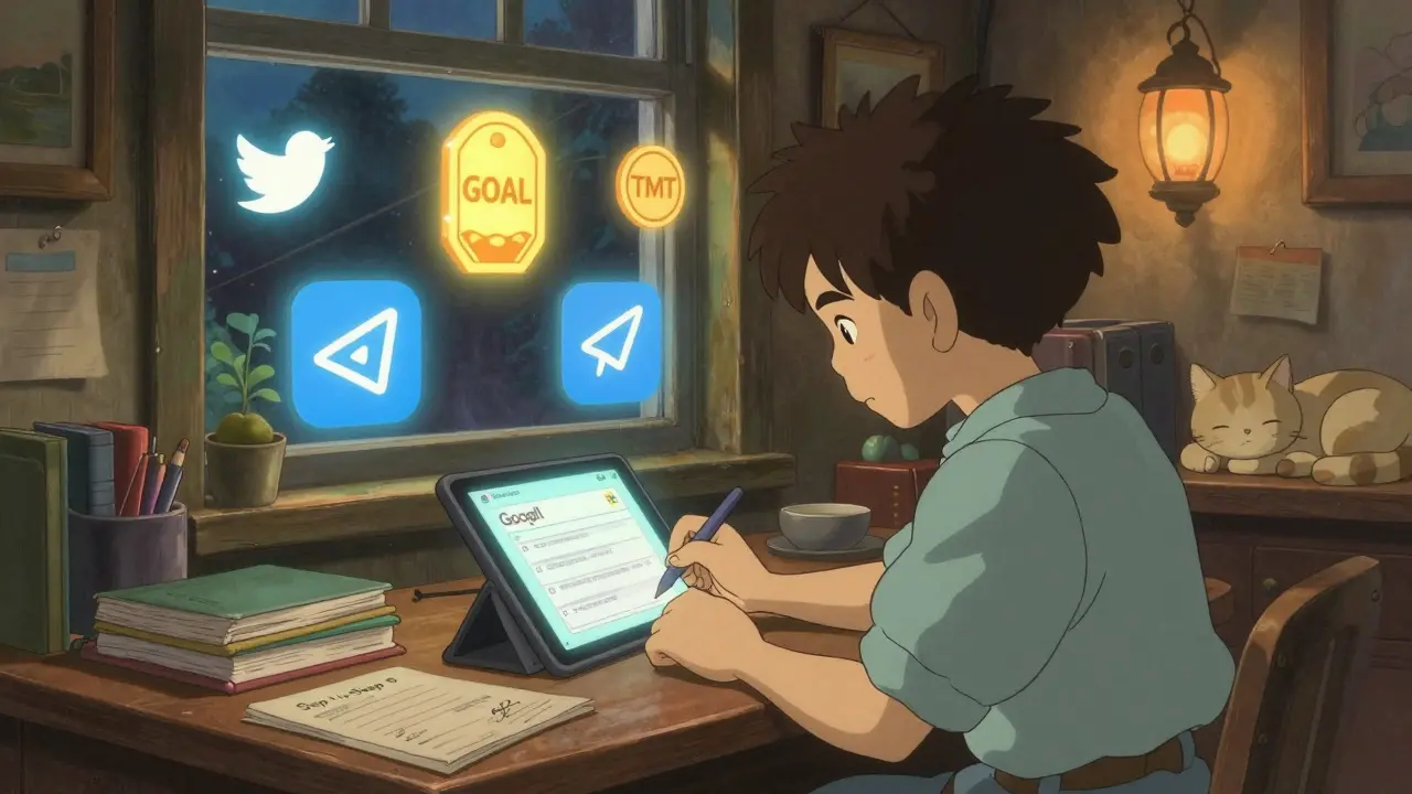 A teenager fills out a digital form surrounded by animated social media icons in a cozy, softly lit room, Studio Ghibli aesthetic.