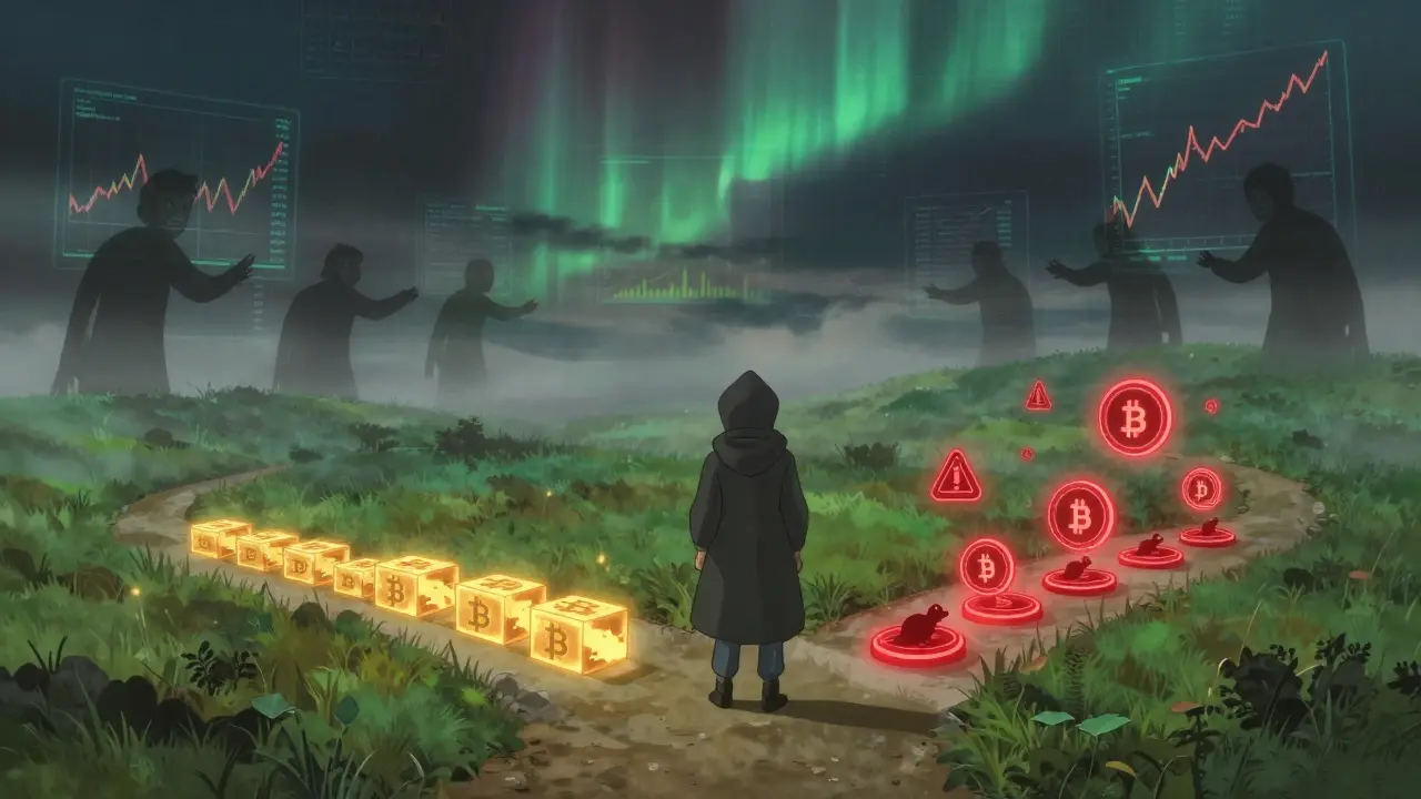 A traveler stands at a crossroads between two digital paths—one with Bitcoin blocks, the other with warning symbols—shadows of confused investors loom behind.