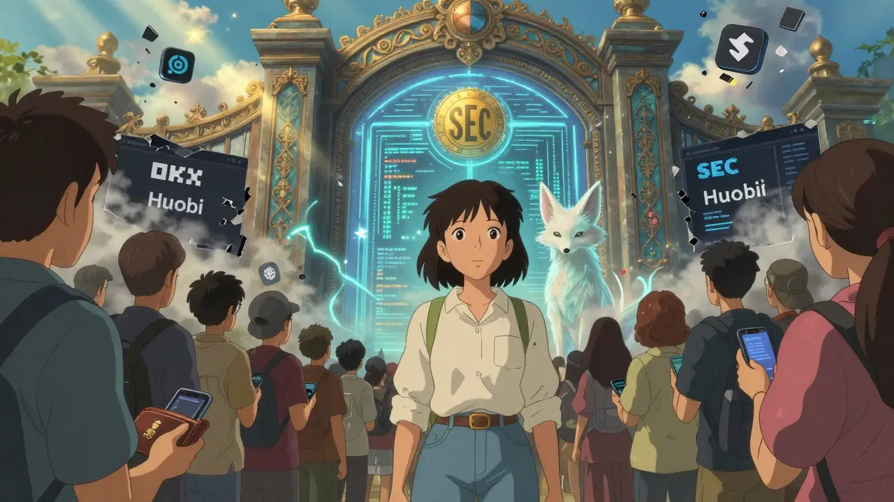 A young woman stands before a magical gate guarded by a code spirit, choosing between blocked exchanges and a secure SEC registry.