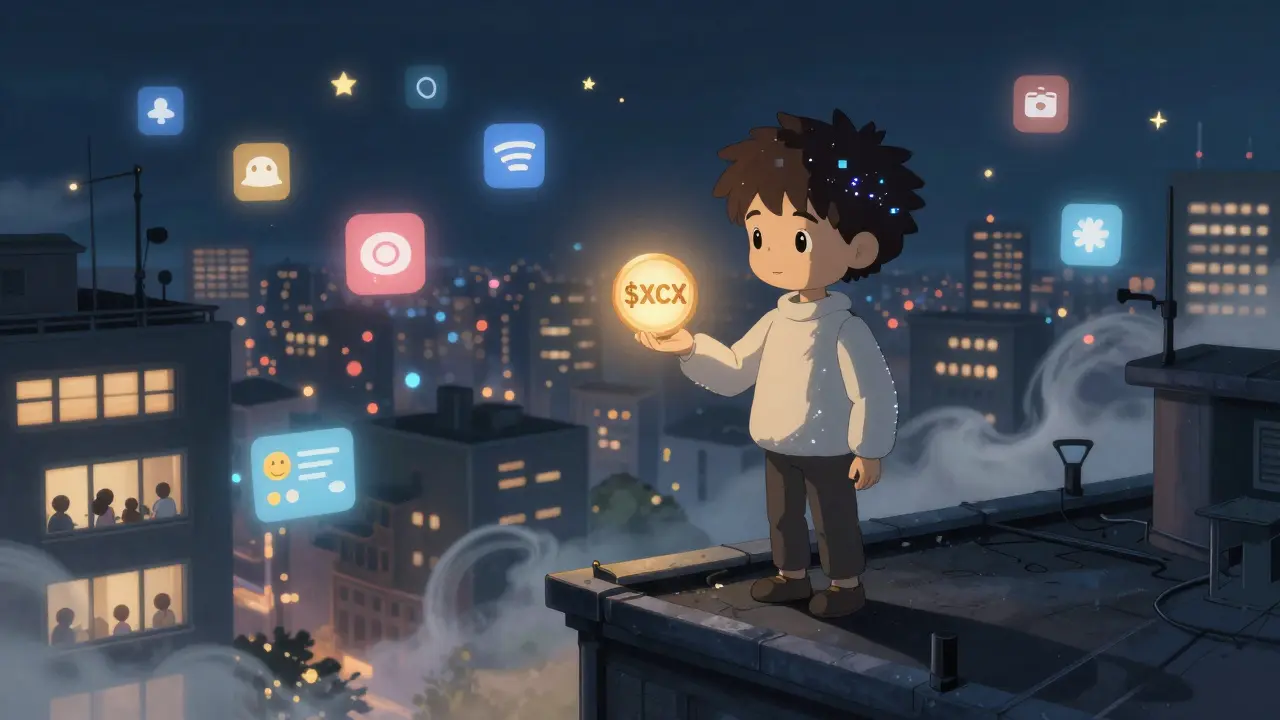 An AI influencer on a rooftop at night, glowing softly as social media icons shimmer below.