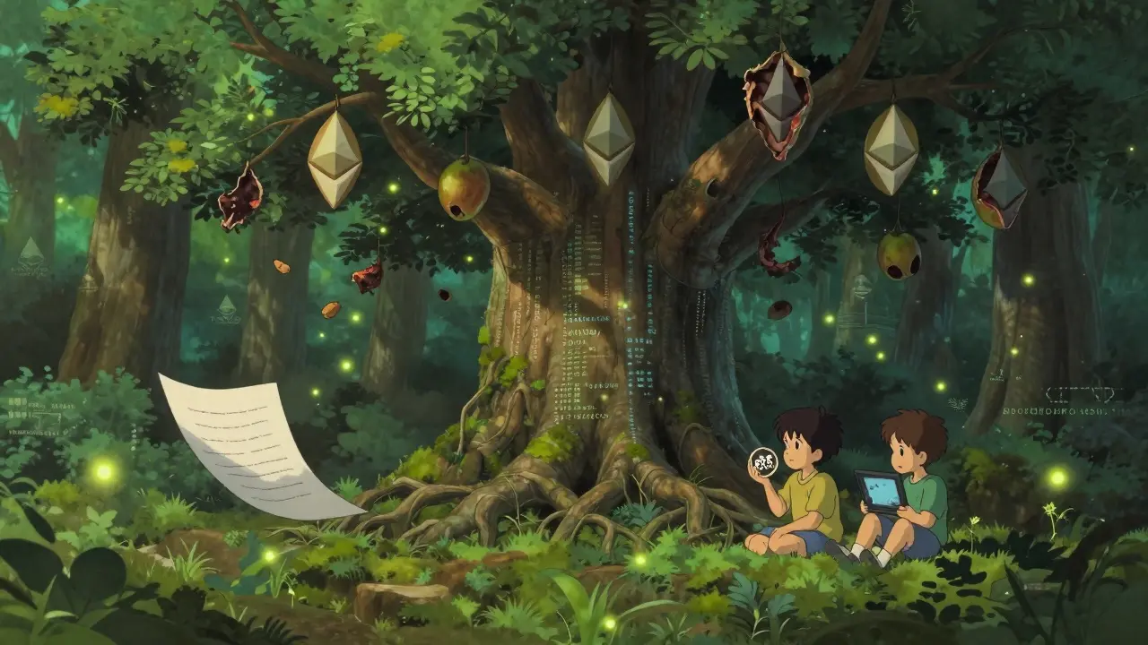 An ancient tree with rotten blockchain fruit, children sitting beneath it as papers drift in the wind.