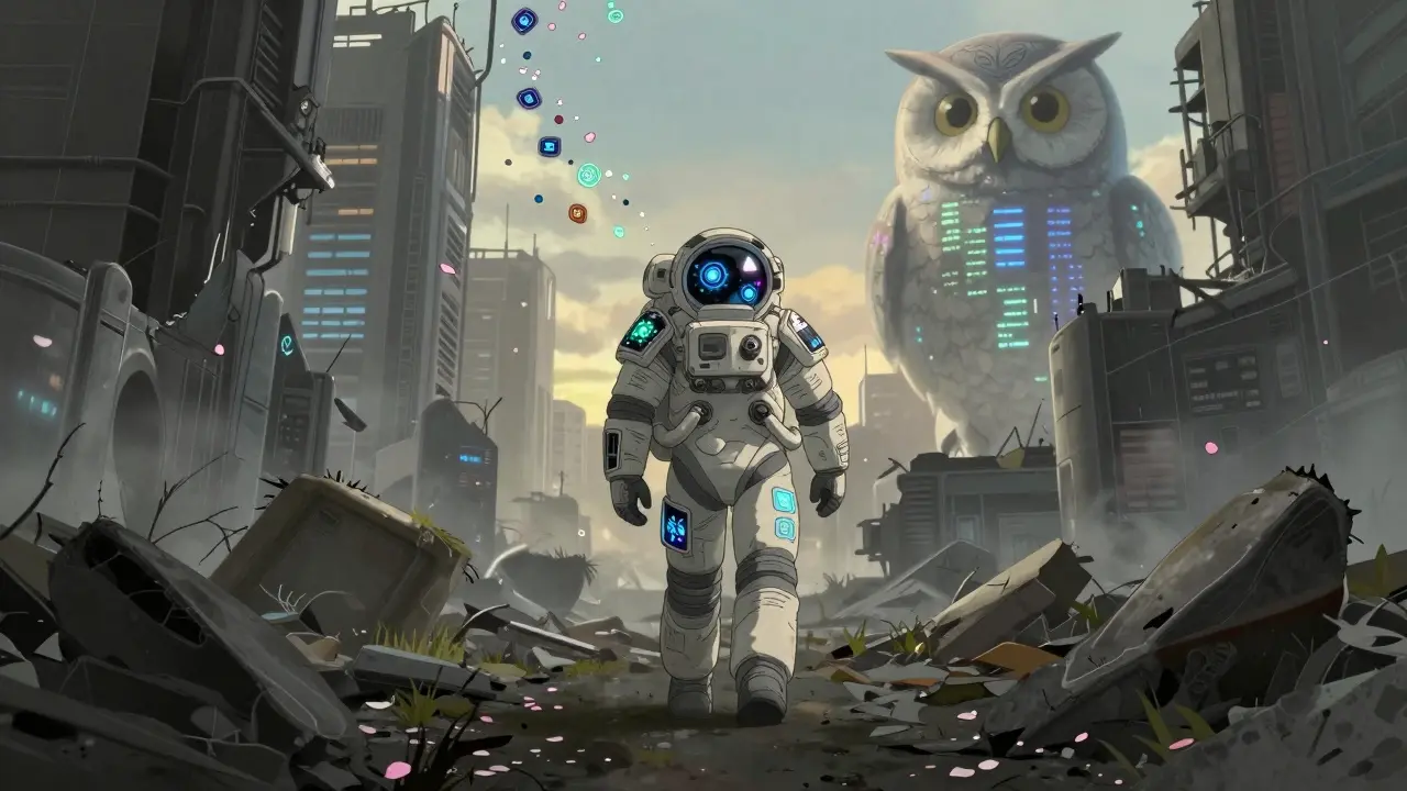 An astronaut walks through a ruined city wearing NFT armor that glows with memories of past games.