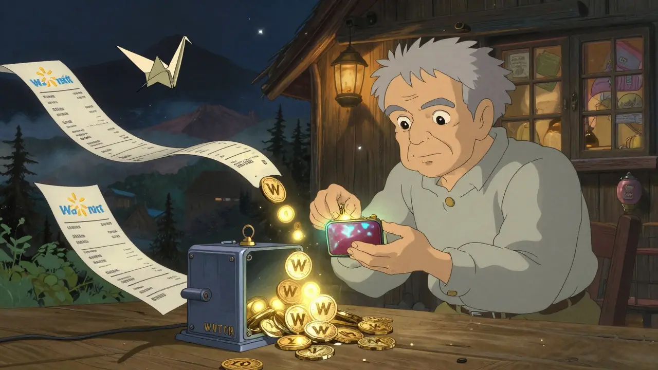An elderly person receives glowing WMTon tokens from a magical machine, as a receipt turns into a paper crane flying into the night sky.
