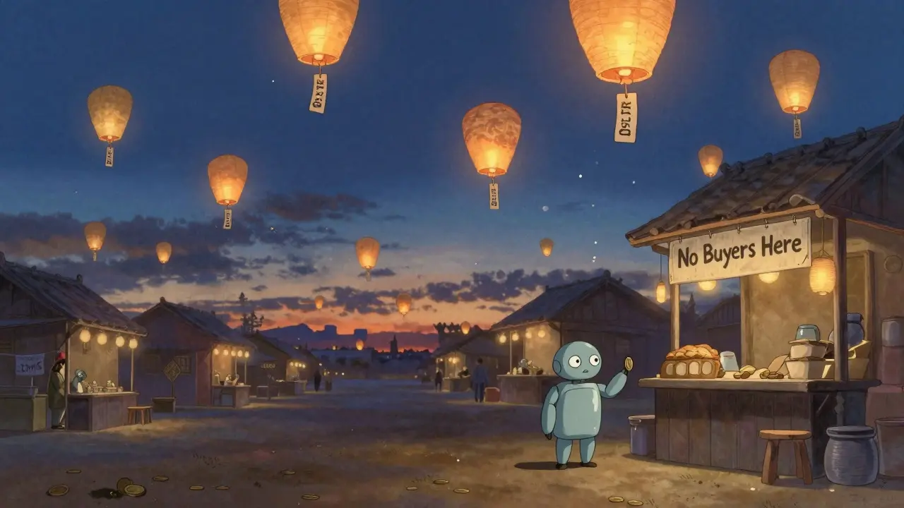 An empty marketplace with floating fake price tags, a robot trying to trade where no one buys.