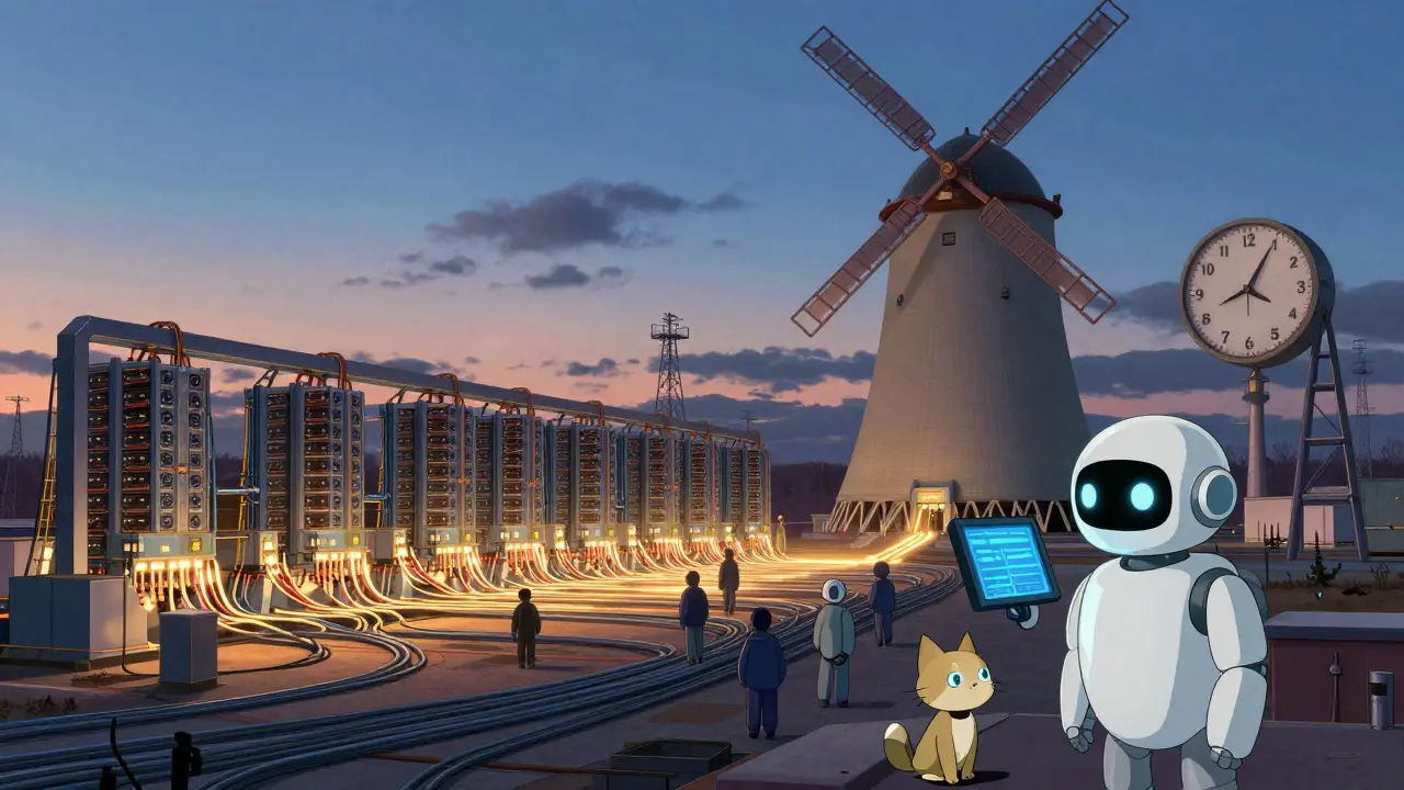 An industrial mining facility in Omsk under twilight, connected to a windmill-shaped power station with a robotic cat guardian.