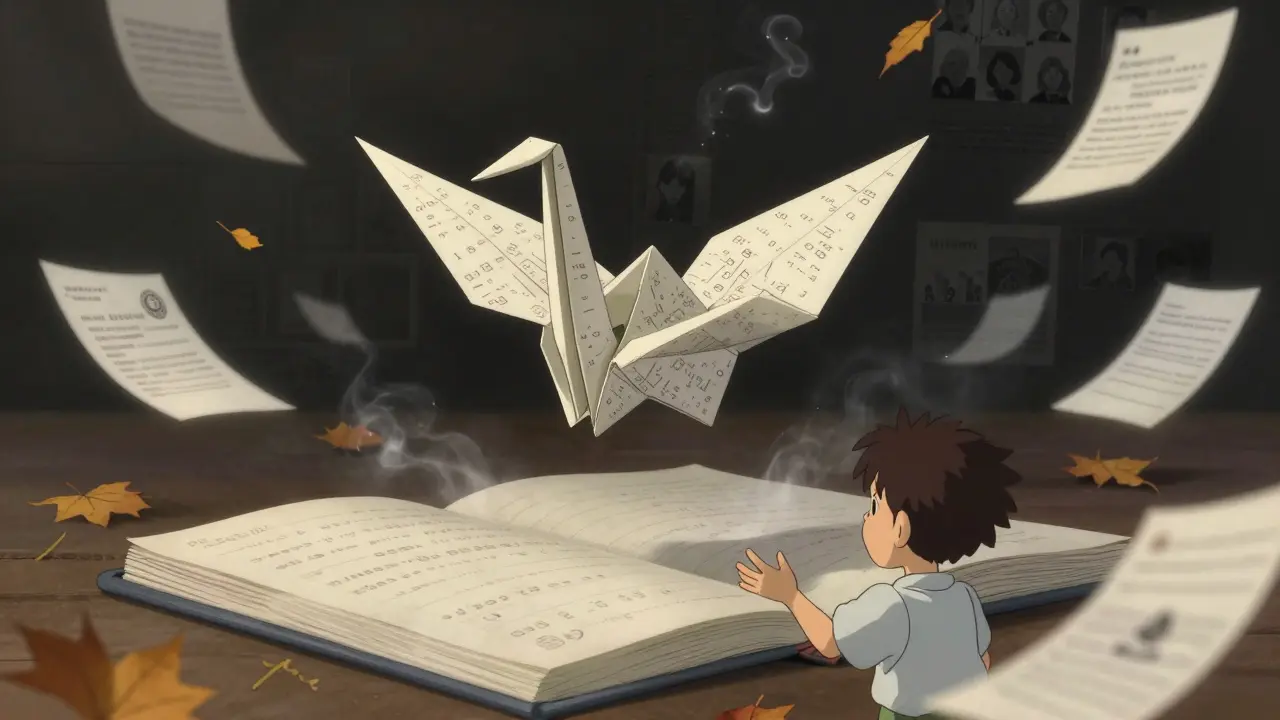 An origami crane made of blockchain code hovers over an empty digital ledger, dissolving into smoke.