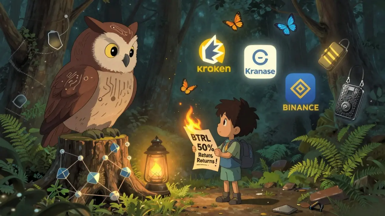An owl with circuit feathers watches a young person burn a scam flyer, as secure exchange logos glow in the distance.