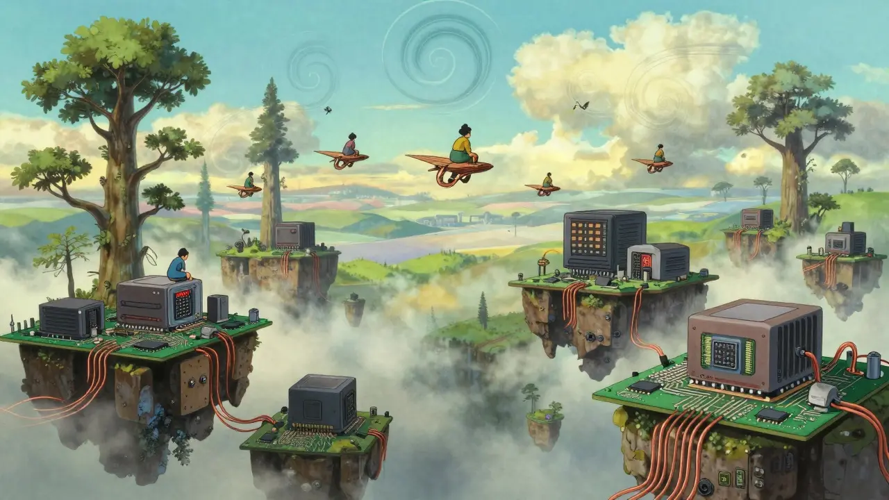 Floating islands of circuit boards with miners riding gliders, defeated ASIC machines below, and RAM trees in a dreamy sky.