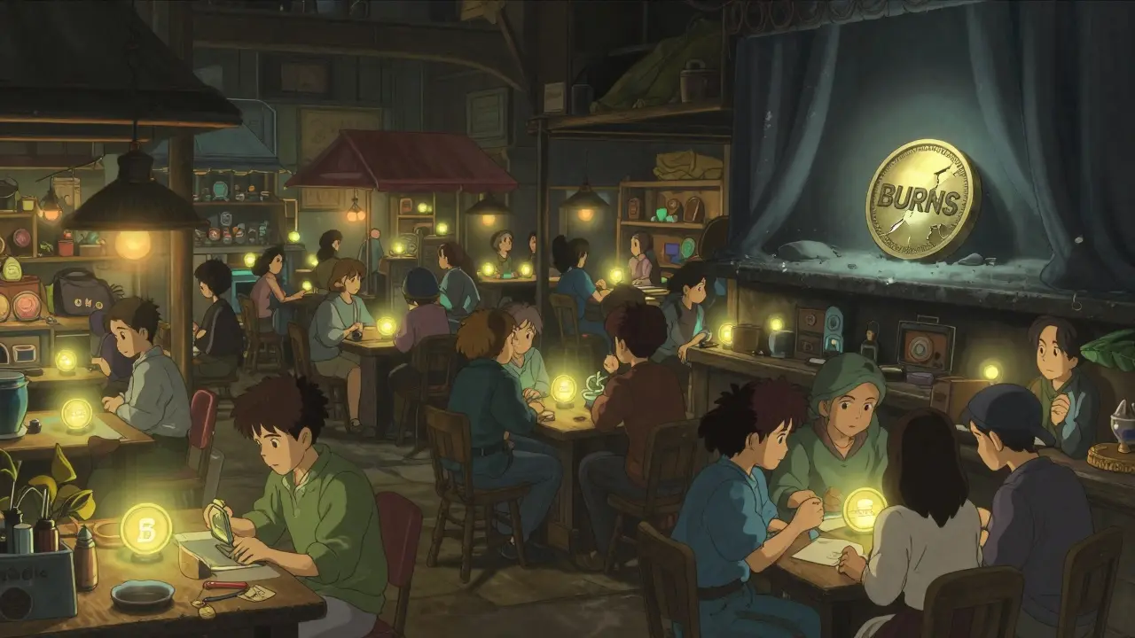 Legitimate crypto tokens thrive in a vibrant market while BURNS lies forgotten in the corner.