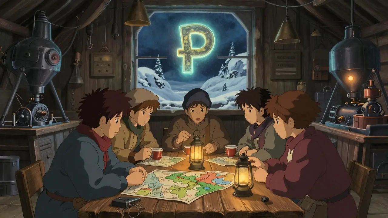 Miners gather around a table with maps of banned regions, their rigs running quietly in the background as a floating ruble spirit glows outside.