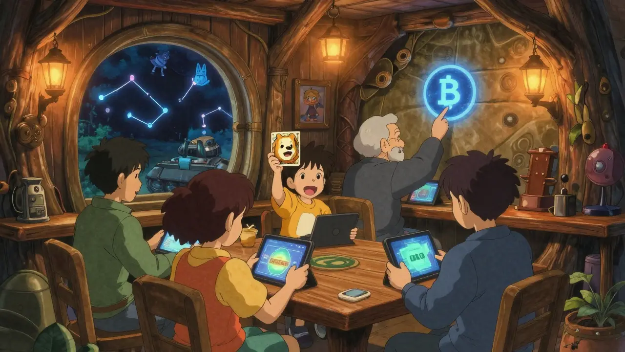 Players gather in a cozy treehouse lounge, enjoying LOCGame on glowing tablets under warm lantern light.