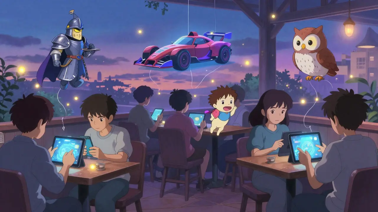 Players in a cozy café interact with mobile games as whimsical NFT avatars float gently above them.