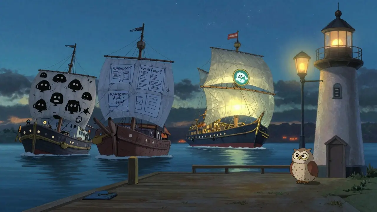 Three ships at dusk: one broken with scams, one unfinished, one verified sailing into stars under a watchful owl.