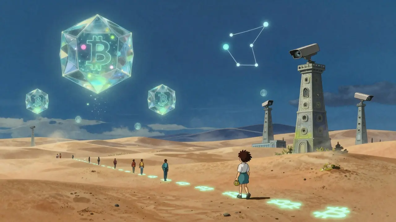 Tiny figures walk a path of Bitcoin symbols through a desert filled with floating blockchain nodes and looming government towers.