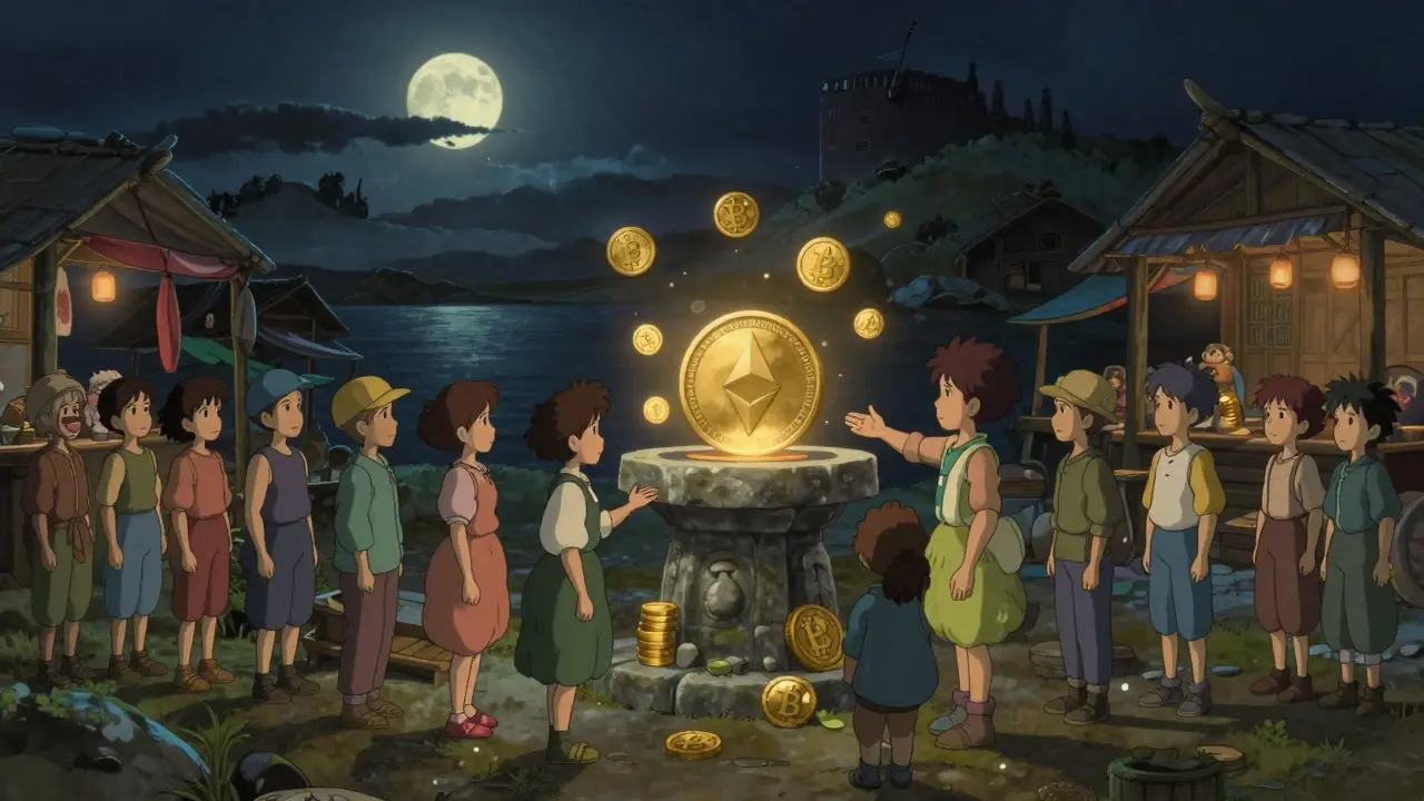 Twenty-two silent figures gather around a single WMTon token on a moonlit island, surrounded by floating crypto symbols in stillness.