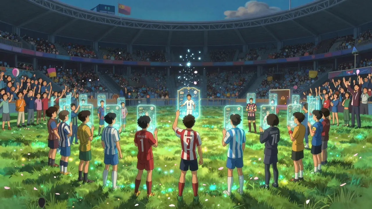 Winners stand in a glowing metaverse arena, their NFTs transforming into football legends, surrounded by gentle light and cheering fans.